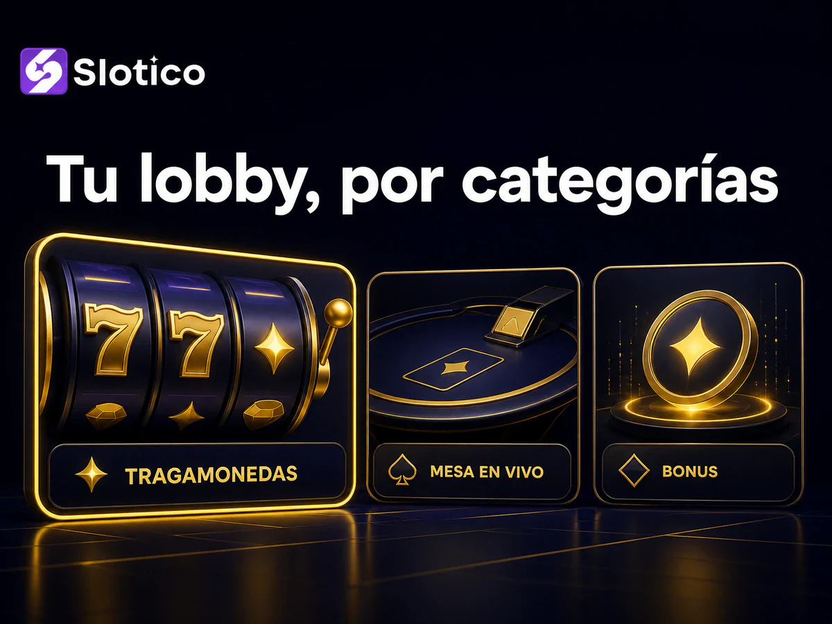 Una grilla de tarjetas de juegos de casino con tragamonedas, un título de juego rápido y una mesa de casino en vivo, en tonos azul noche y dorado, sin personas.